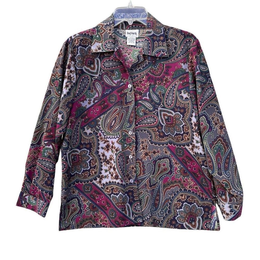 Vintage Bon Worth Parsley Navy Green Burgundy Button Up Shirt Women Size Medium